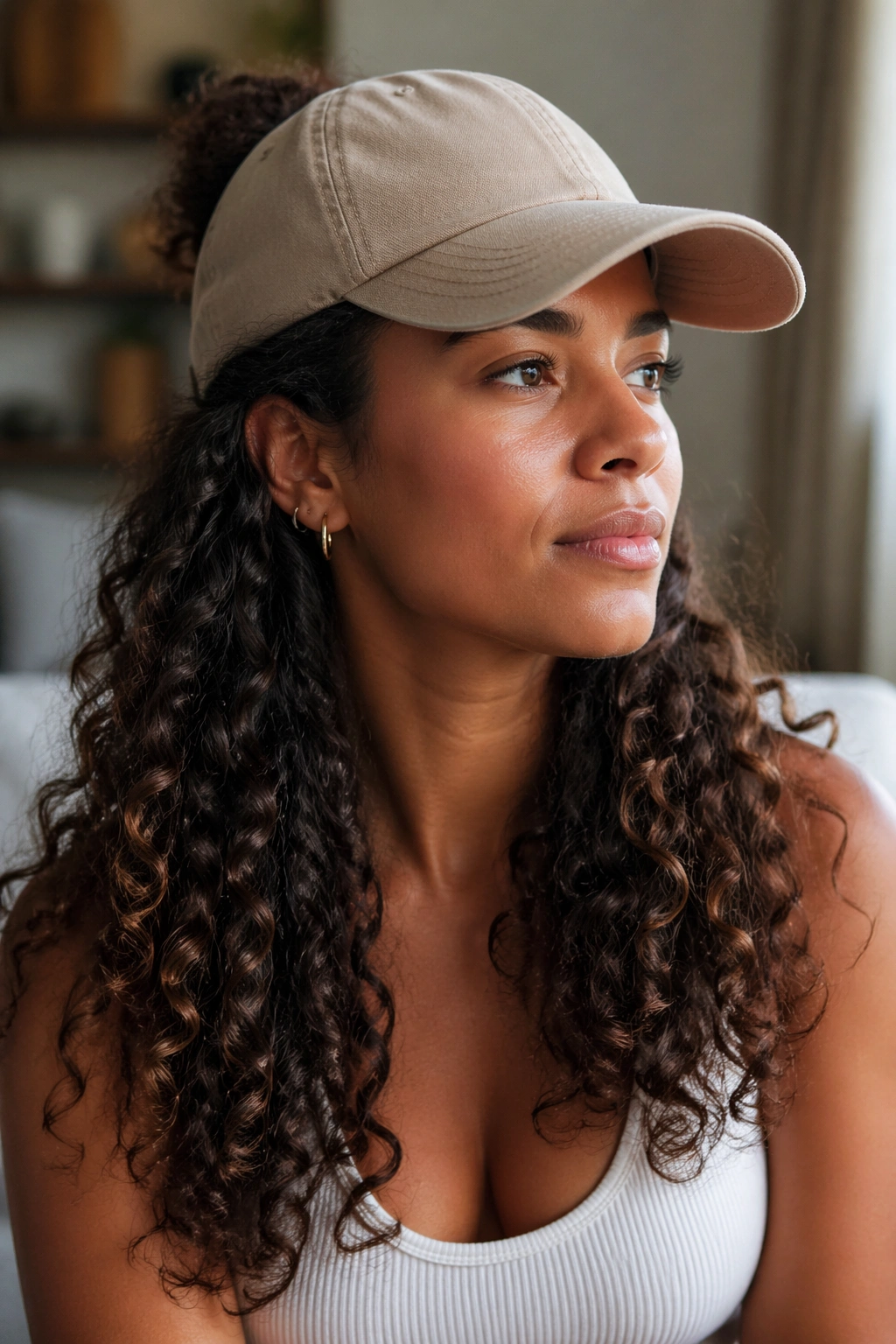 Real woman with half-up half-down under cap, top section secured