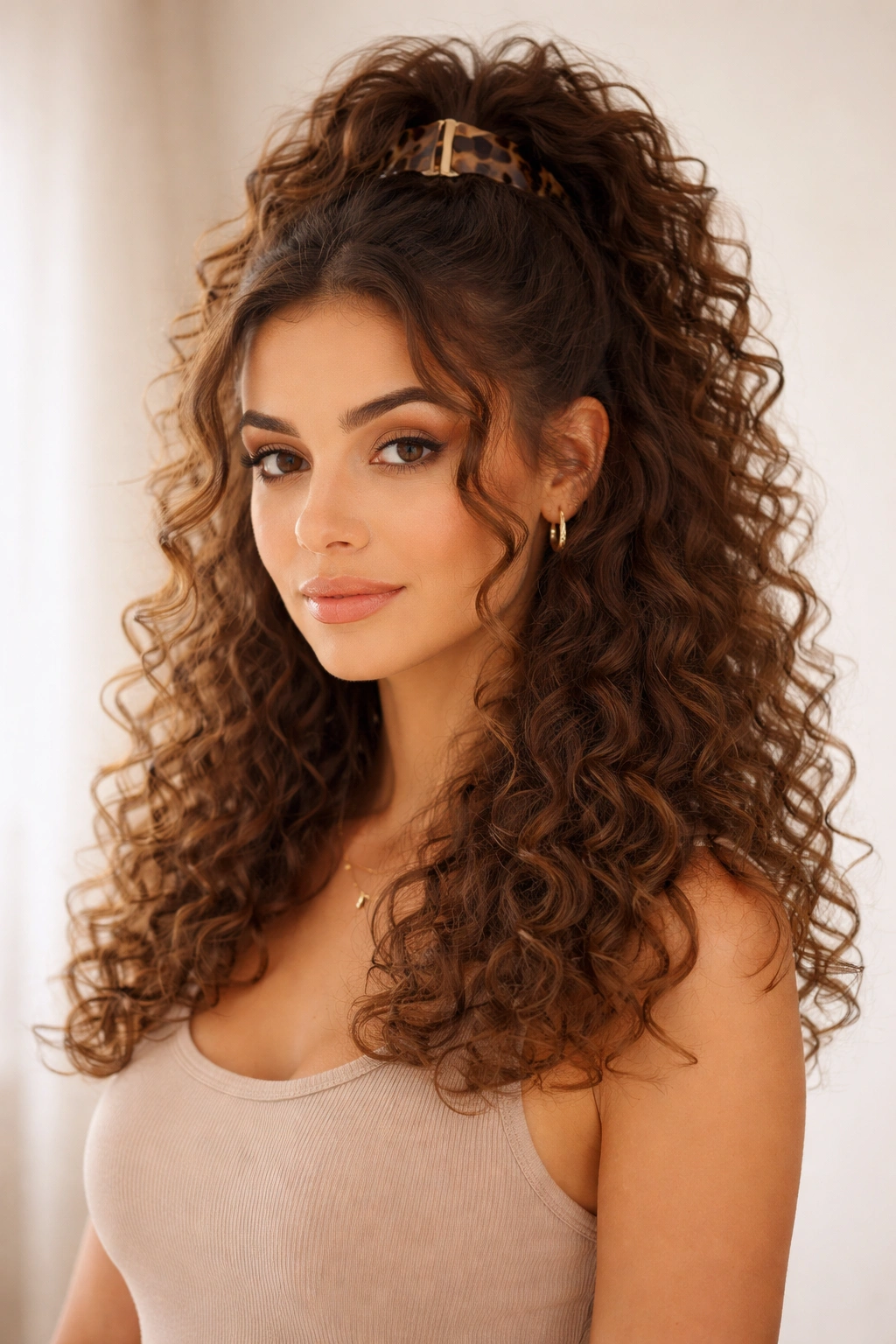 Half-up claw clip on thick curls, crown lifted, bottom curls free.