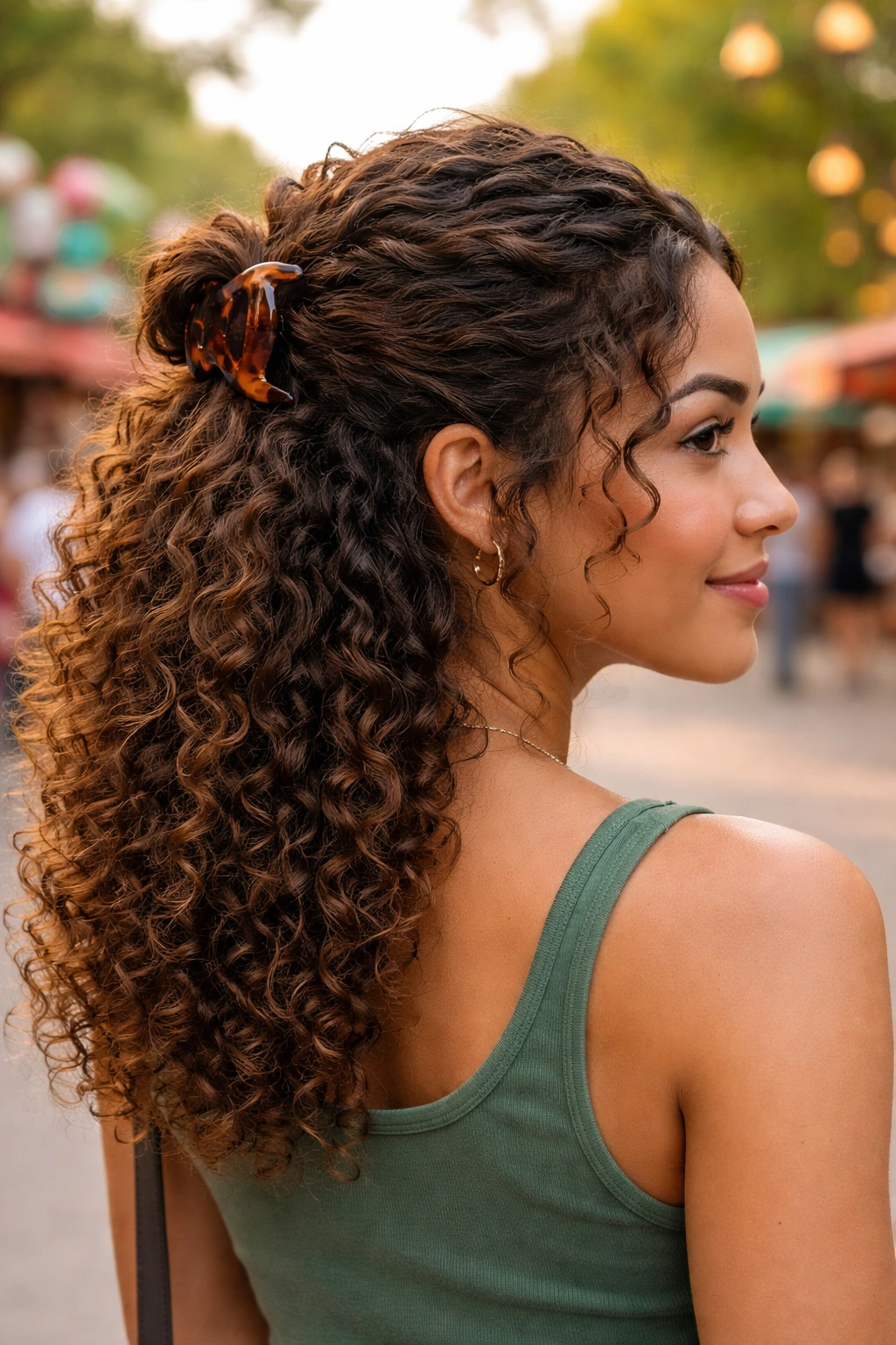 Close-up portrait of a real person with a half-up claw clip twist in hair at a park