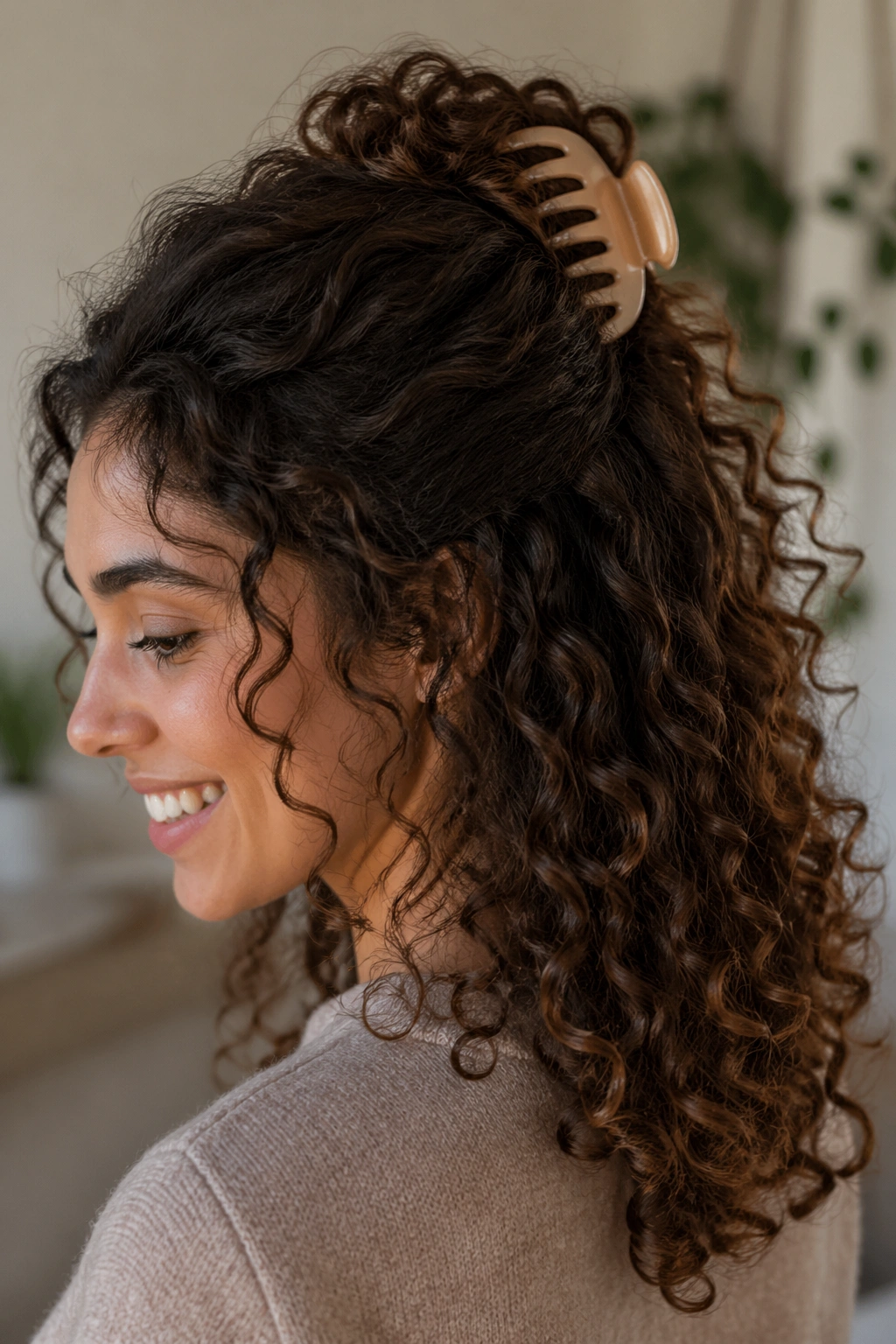 Close-up of a real person with the top half secured by a claw clip