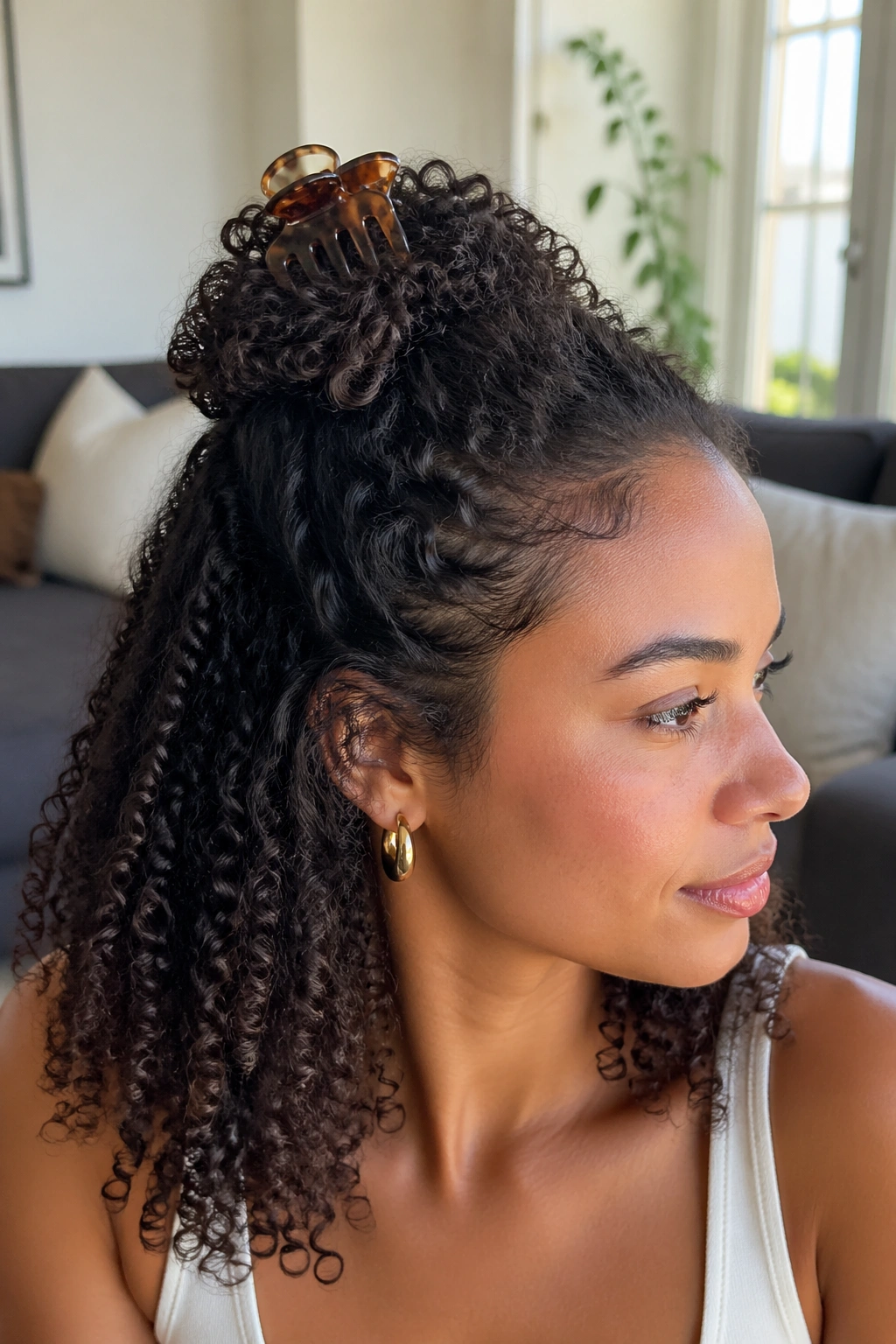 Close-up of a real woman with half-up claw clip at the crown and loose curls below