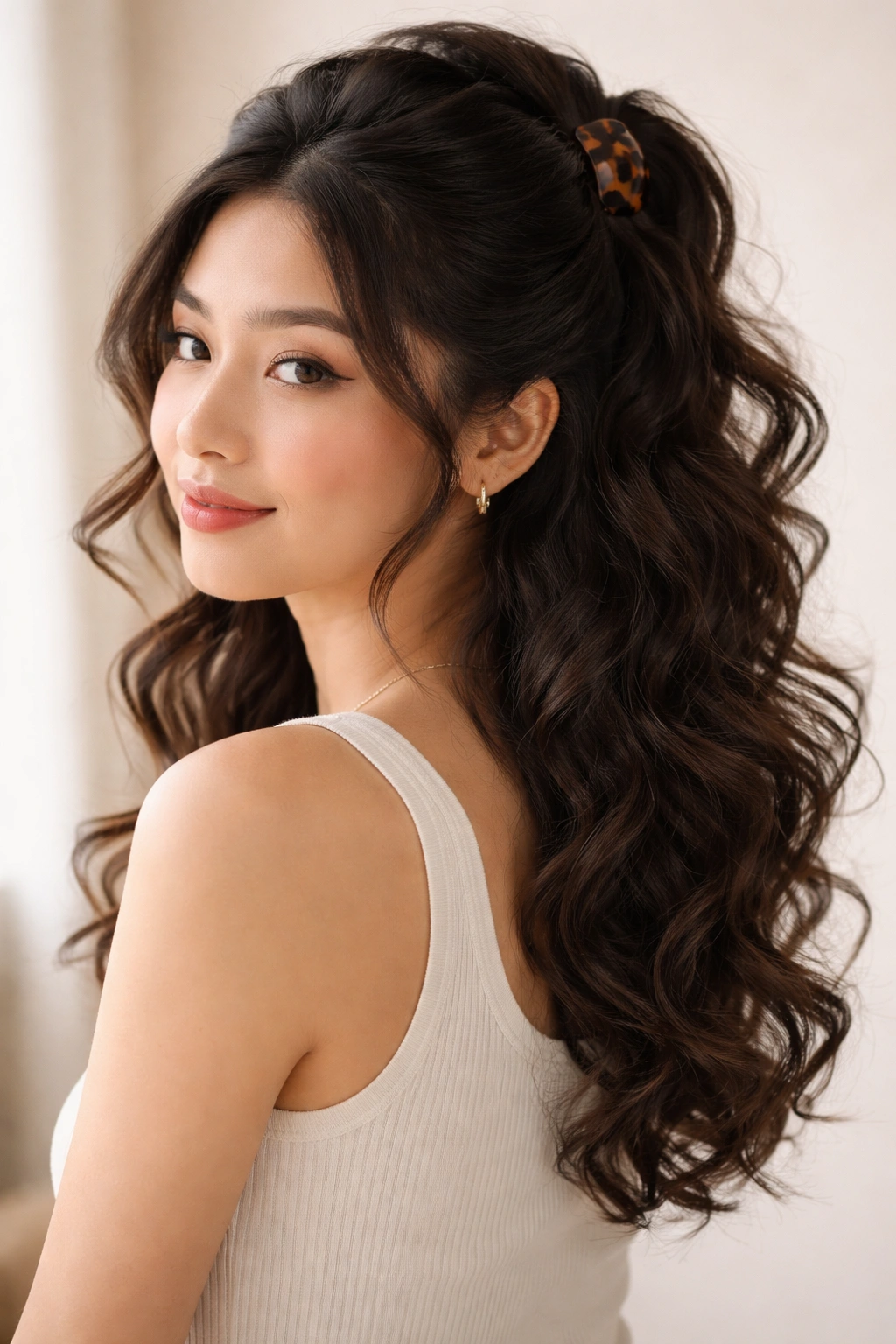 Half-up hairstyle with claw clip and curled bottom