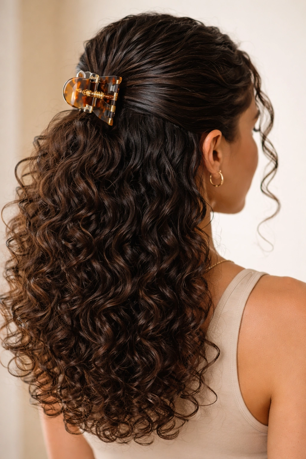 Claw clip half-up hairstyle with gel-coated top section