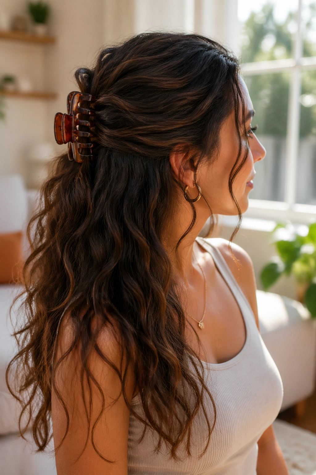 Woman with half-up twist secured by claw clip.