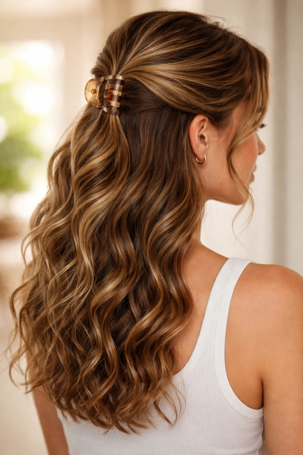 Close-up of half-up twisted hair secured with claw clip on a real person