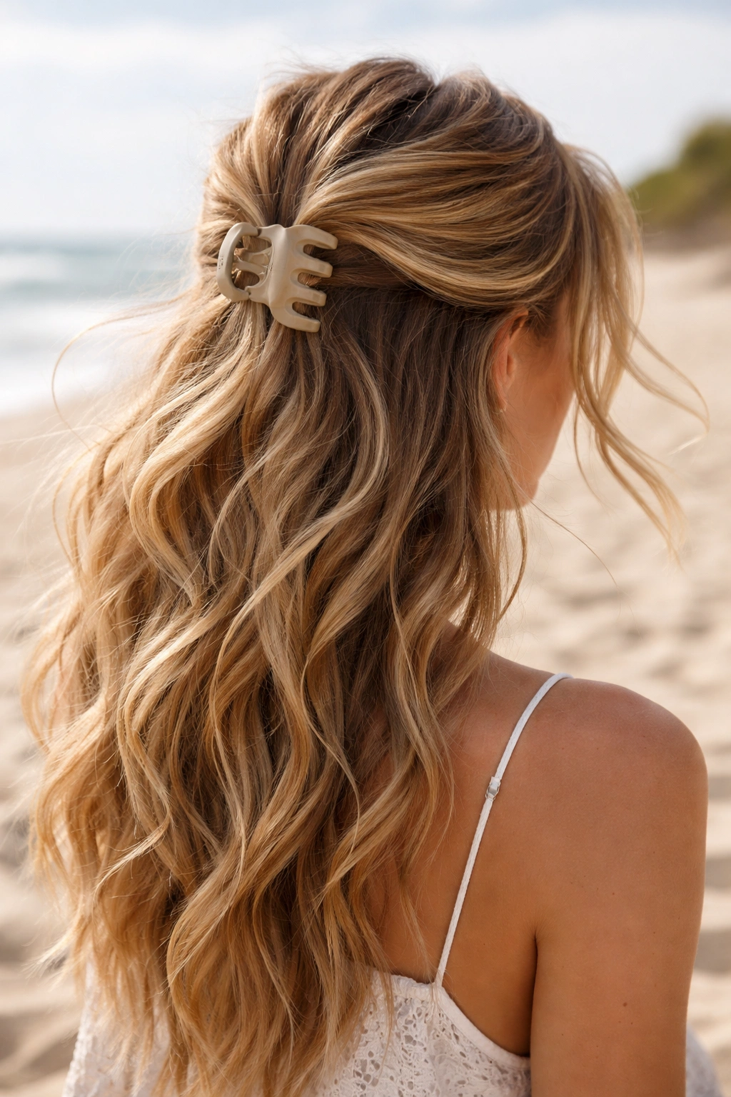 Close-up of a real woman with half-up twist secured by a matte claw clip at the beach.