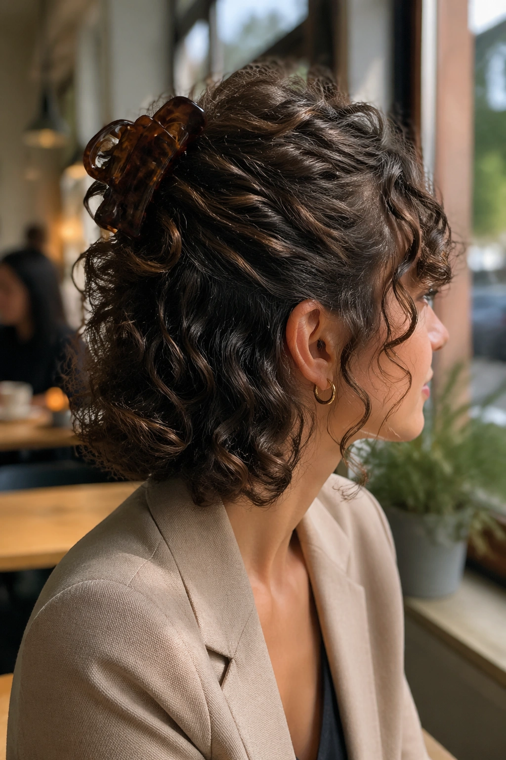 Half-up curly hair with claw clip in cafe