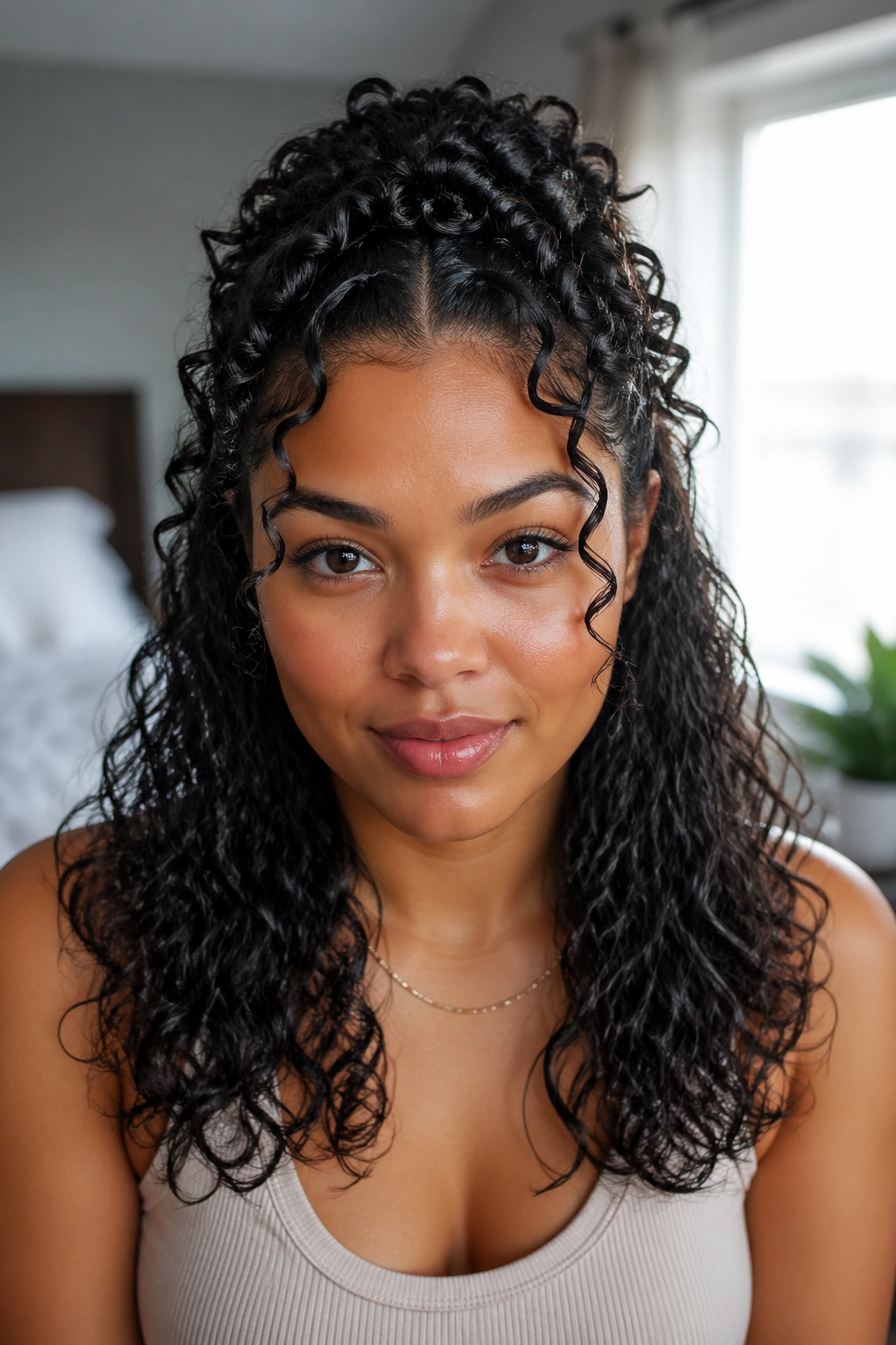 Real person with half-up wet coils and half-down loose curls