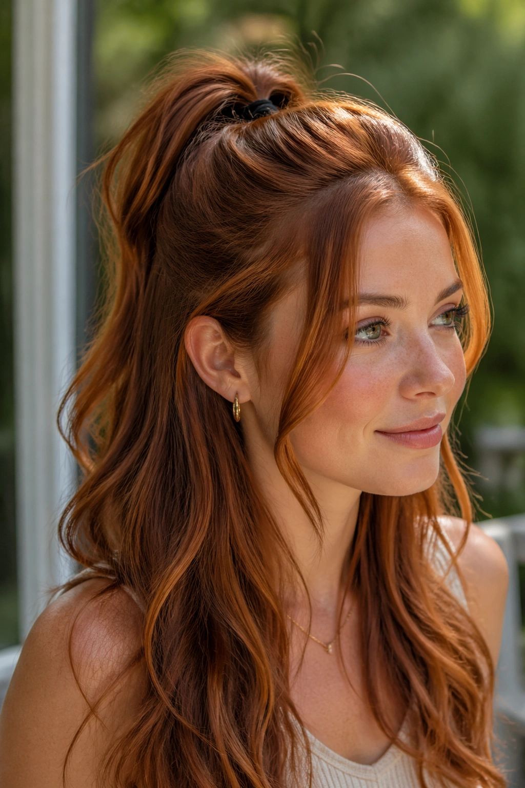 Real woman close-up with half-up copper ponytail and lifted crown