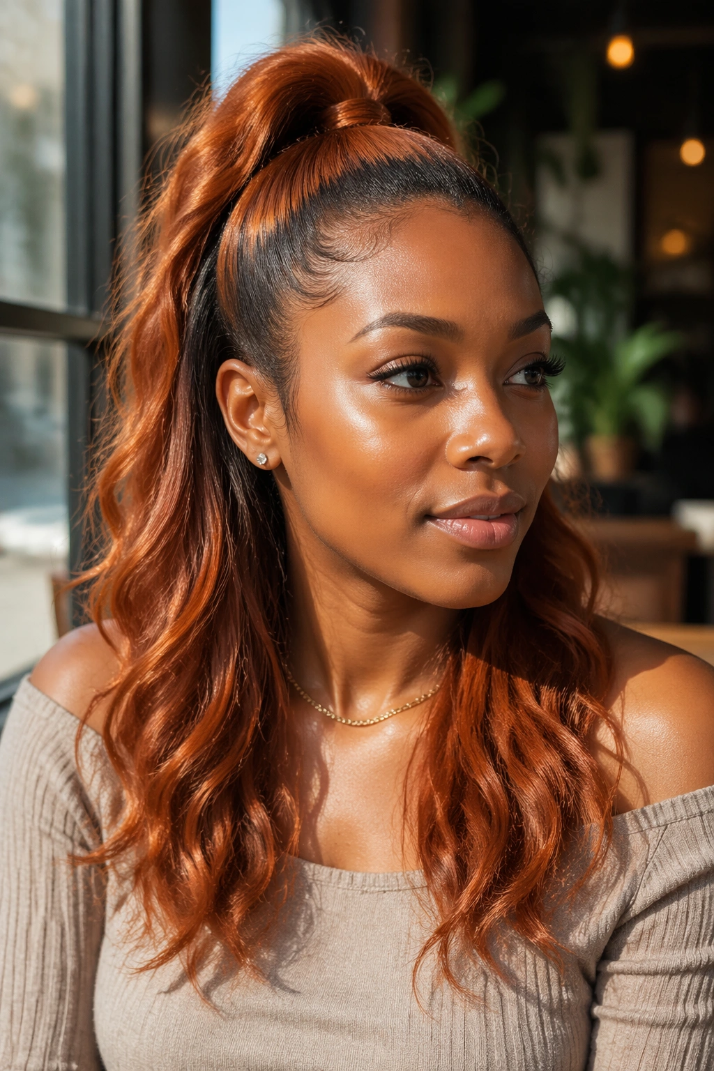 Close-up of a real Black woman with half-up copper ponytail, top pulled back