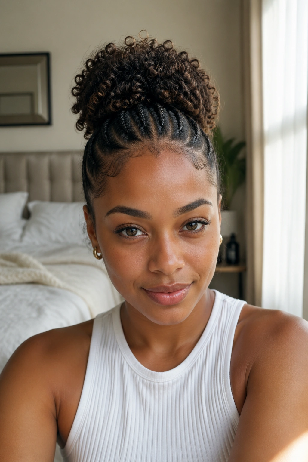 Front portrait of a woman with half-up cornrows and a curly puff