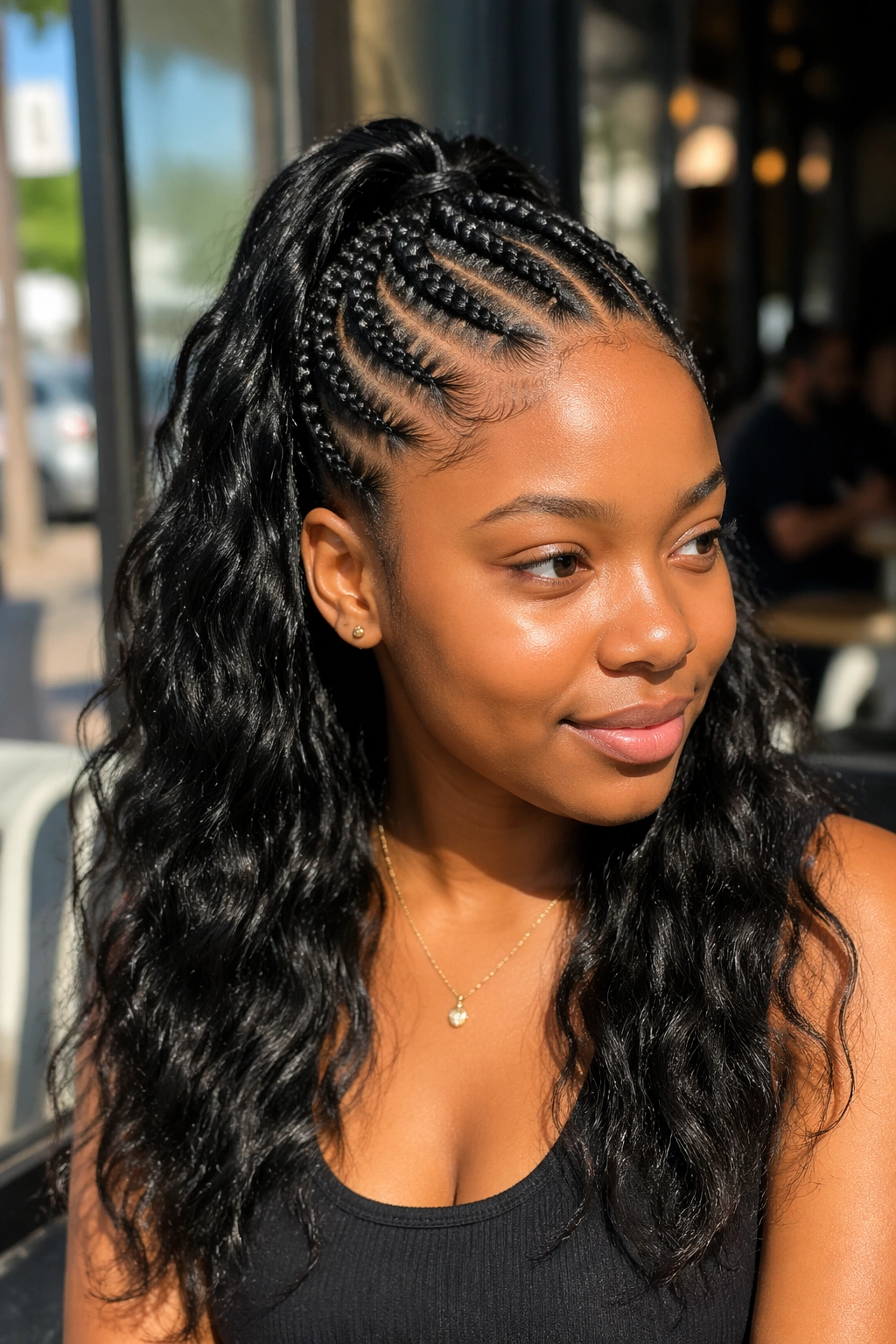 Close-up of a real Black woman with half-up cornrow ponytail