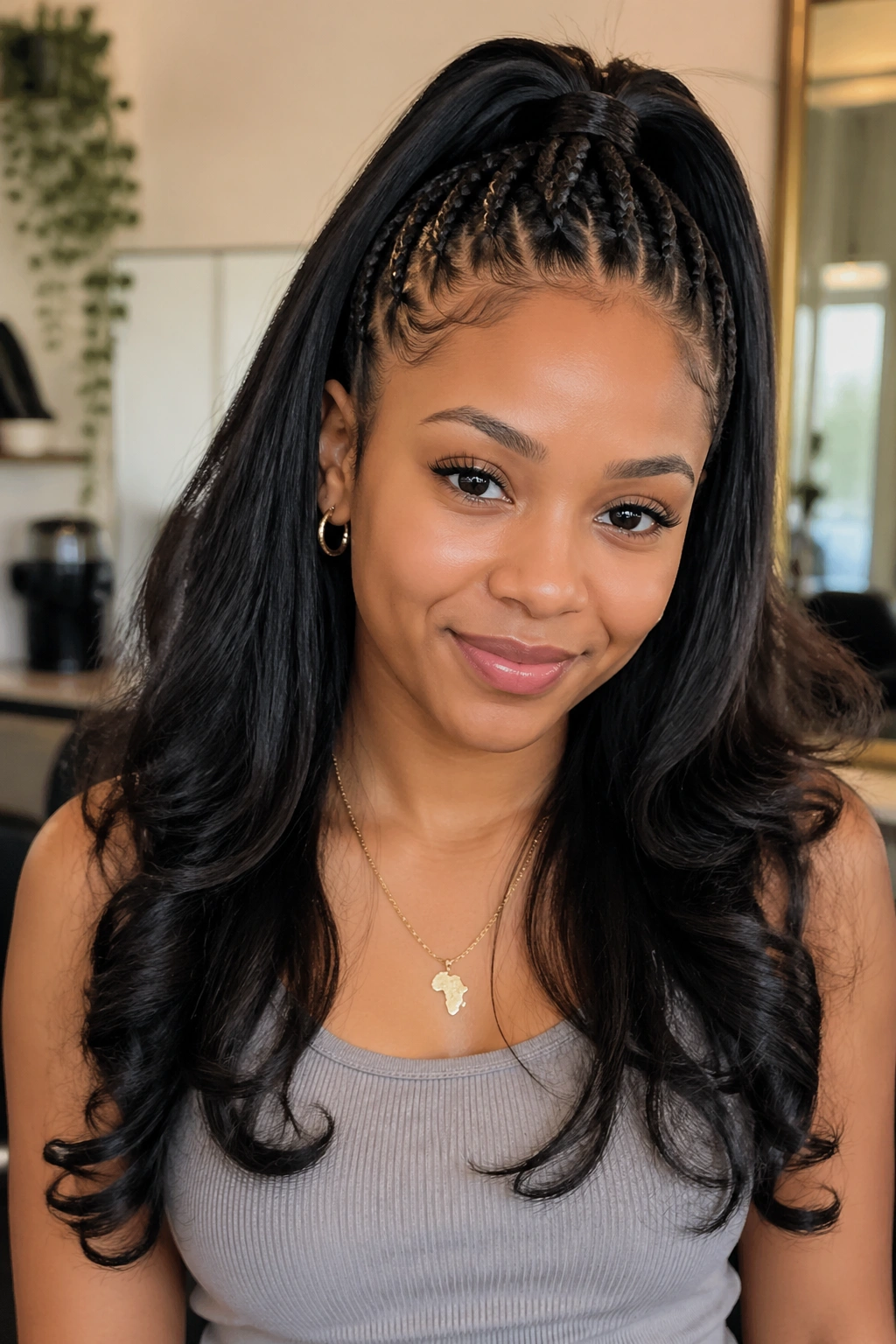 Real person with half-up cornrow ponytail head-and-shoulders portrait