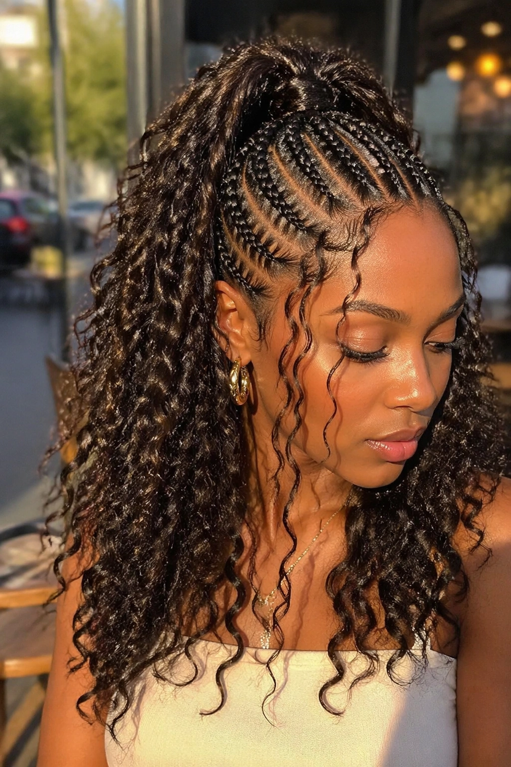 Close-up of half-up bohemian cornrow ponytail on a real woman outdoors