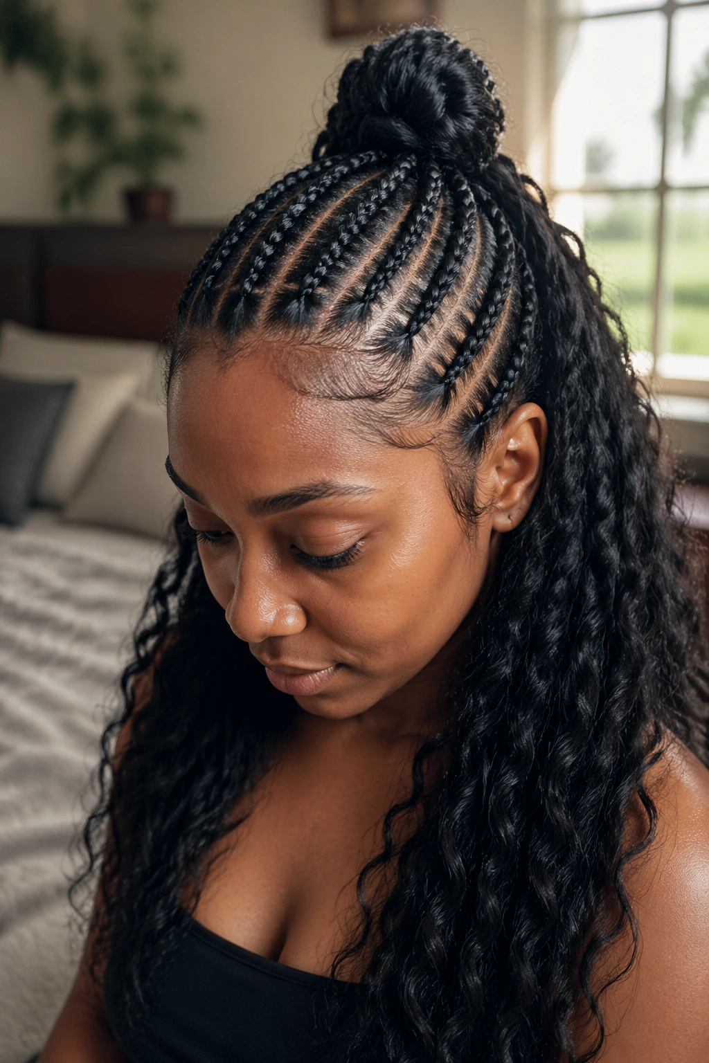 Real person with half-up cornrows and loose bottom hair.
