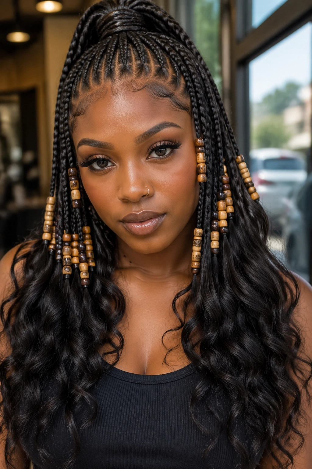 Real person with half-up half-down beaded feed-in cornrows