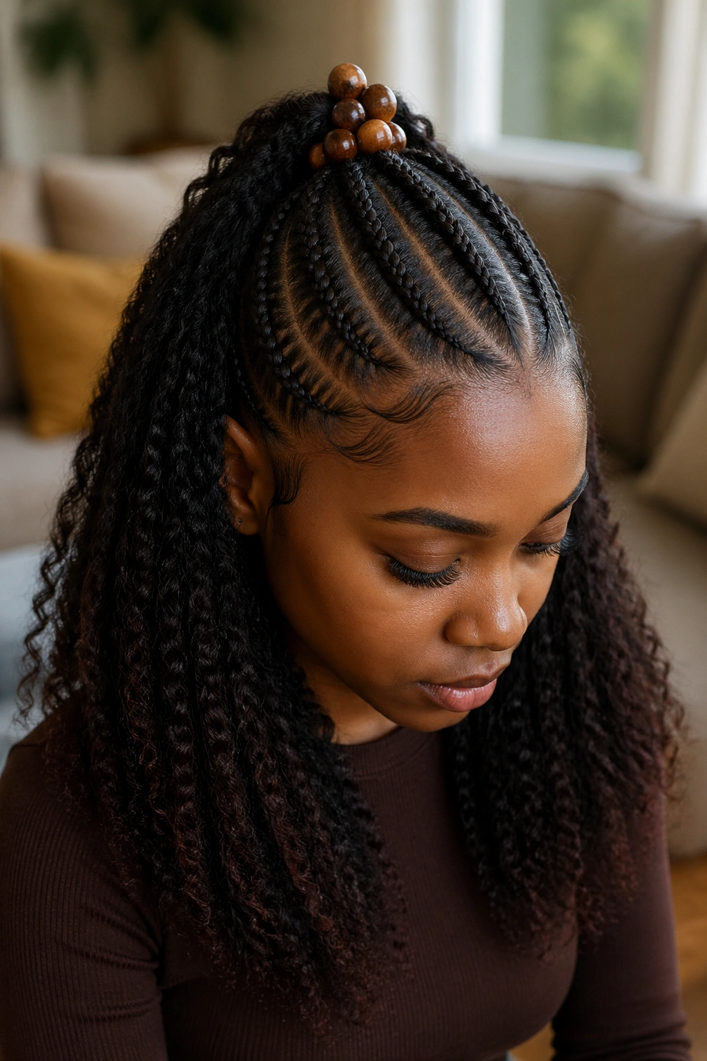 Close-up portrait of half-up cornrow crown with chunky beads on a real person