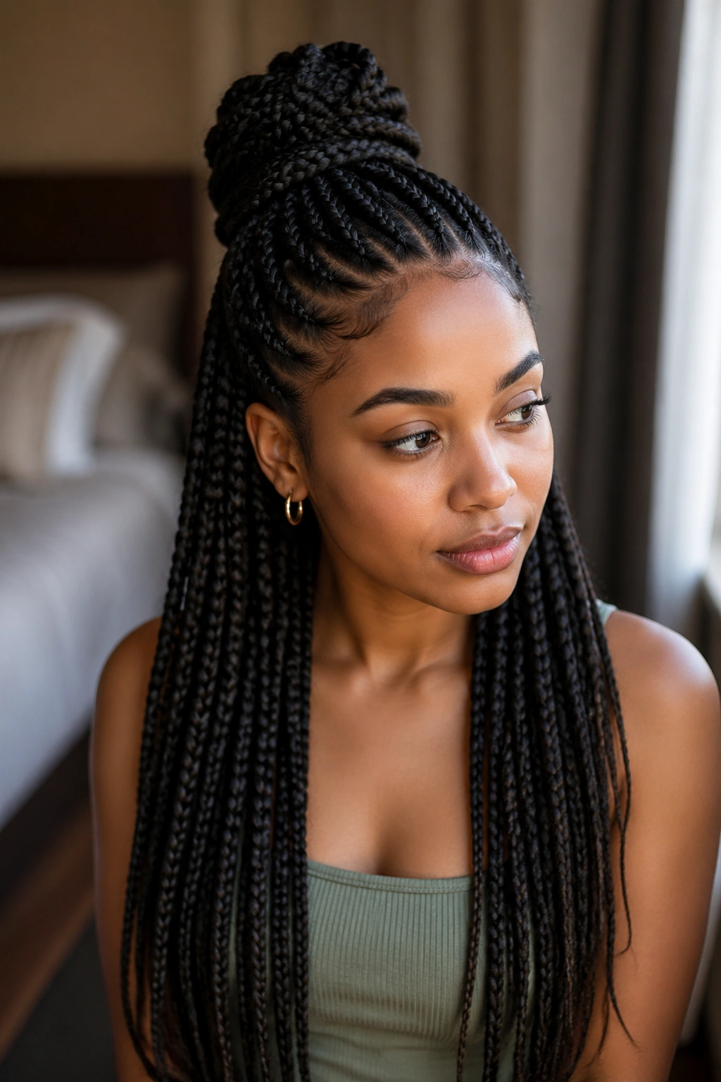 Real person with half-up cornrows and box braids.