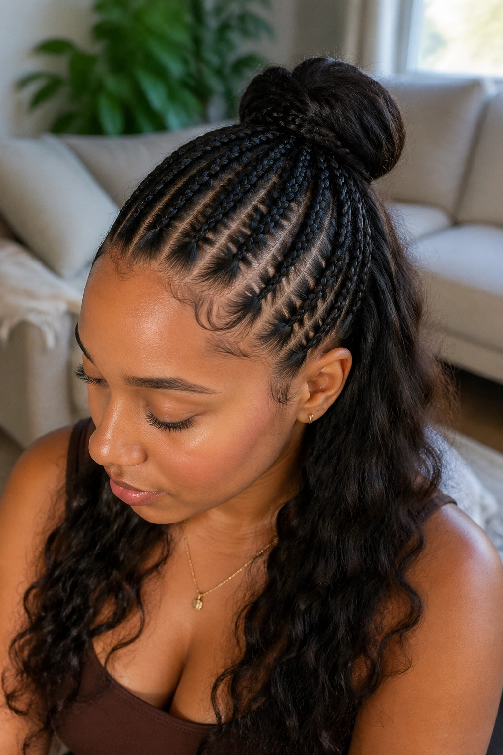Real person with half-up French cornrows and a half bun.