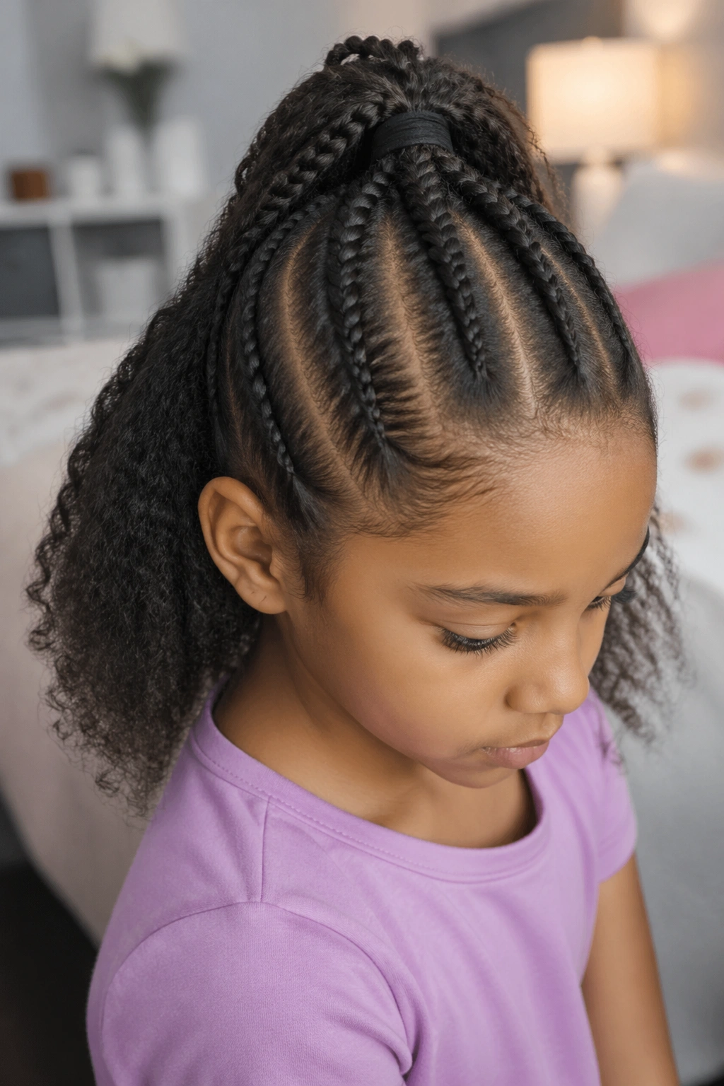 Child with half-up cornrows and loose bottom hair in a warm bedroom.