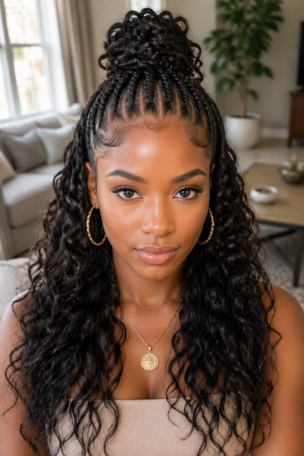 Portrait of a person with half-up cornrows and curled hair down.