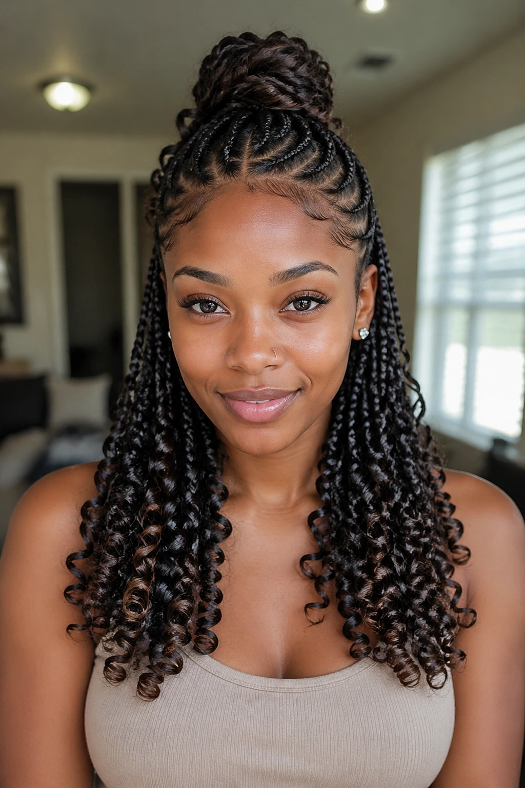 Front-facing portrait of a real woman with half-up crown and down-curled braids