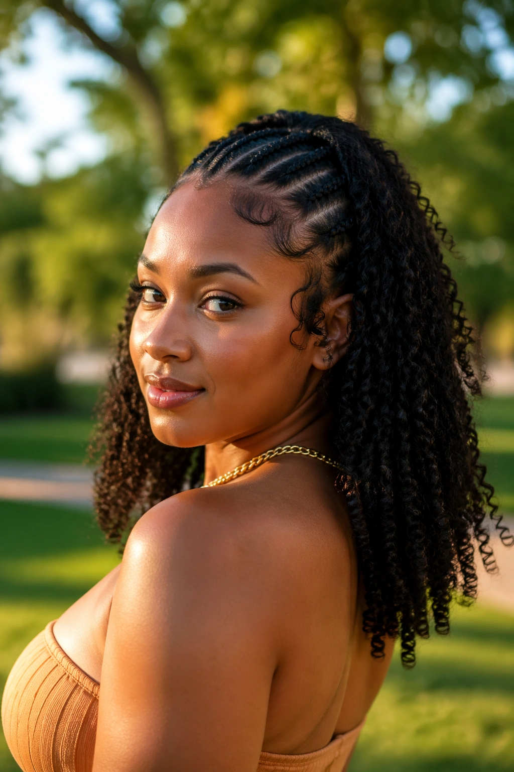 Close-up of a woman with half-up cornrows and loose natural curls outdoors