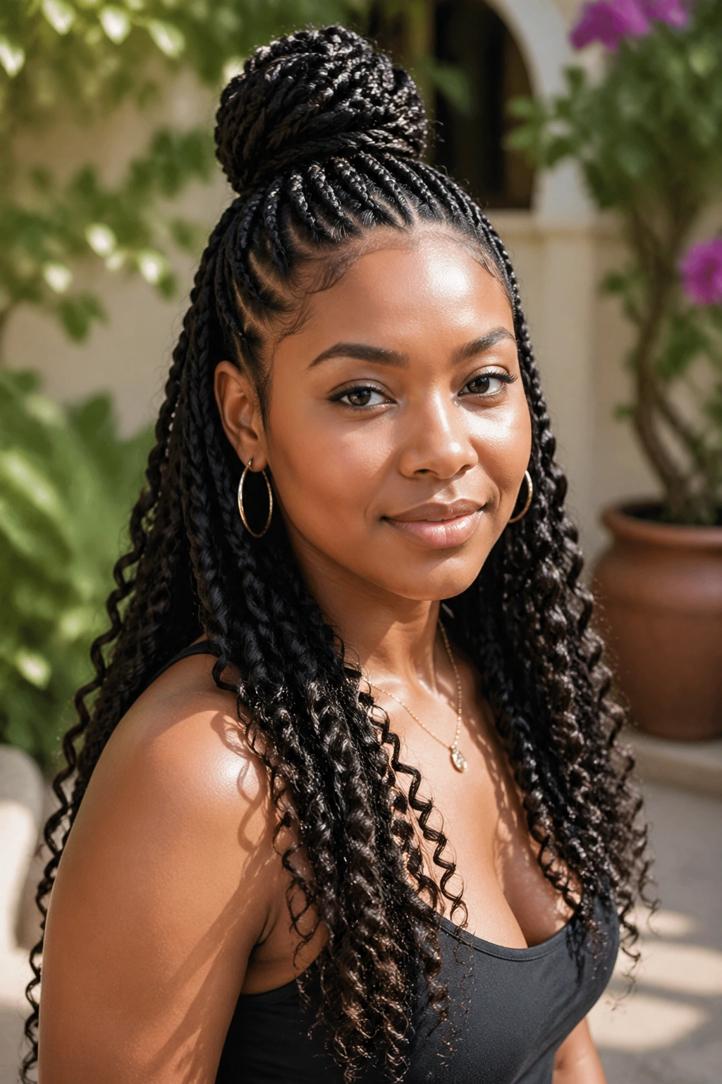 Head-and-shoulders portrait of a real person with half-up crochet bun in a sunlit garden