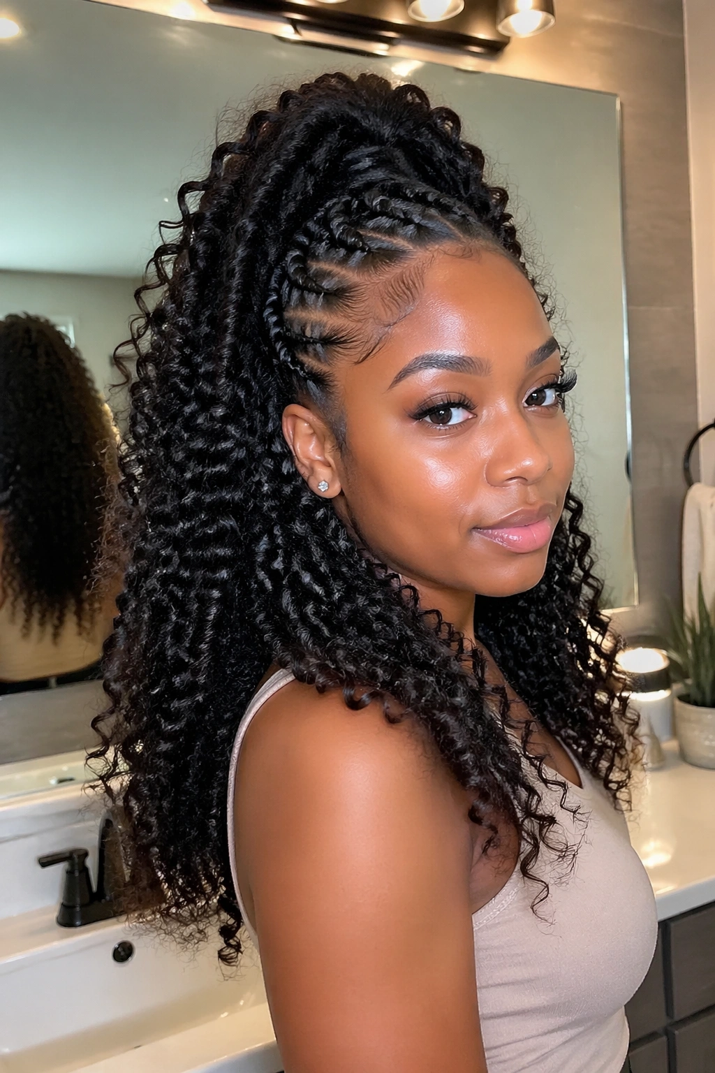 Close-up portrait of a real woman with half-up half-down curly crochet ponytail.
