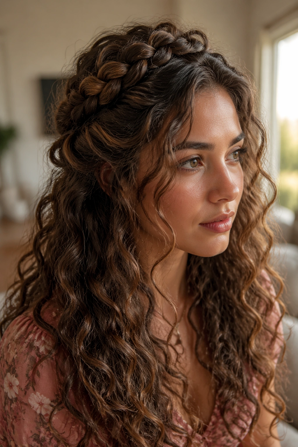 Close-up of a real woman with a half-up crown braid on curly hair in a softly lit room
