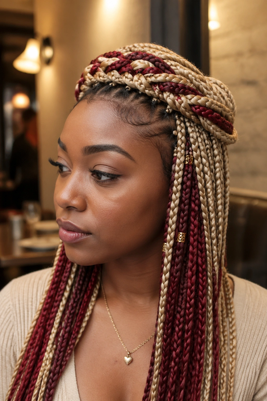 Close-up portrait of a real woman with half-up crown braids in blonde and red