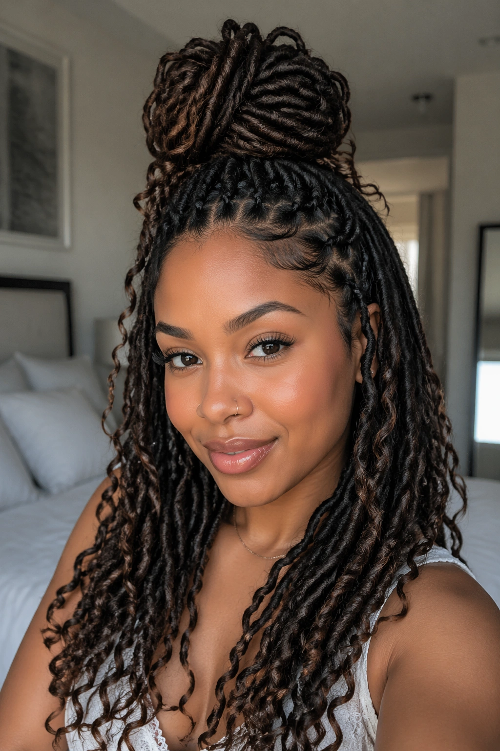Real person with half-up curly faux locs and high crown bun