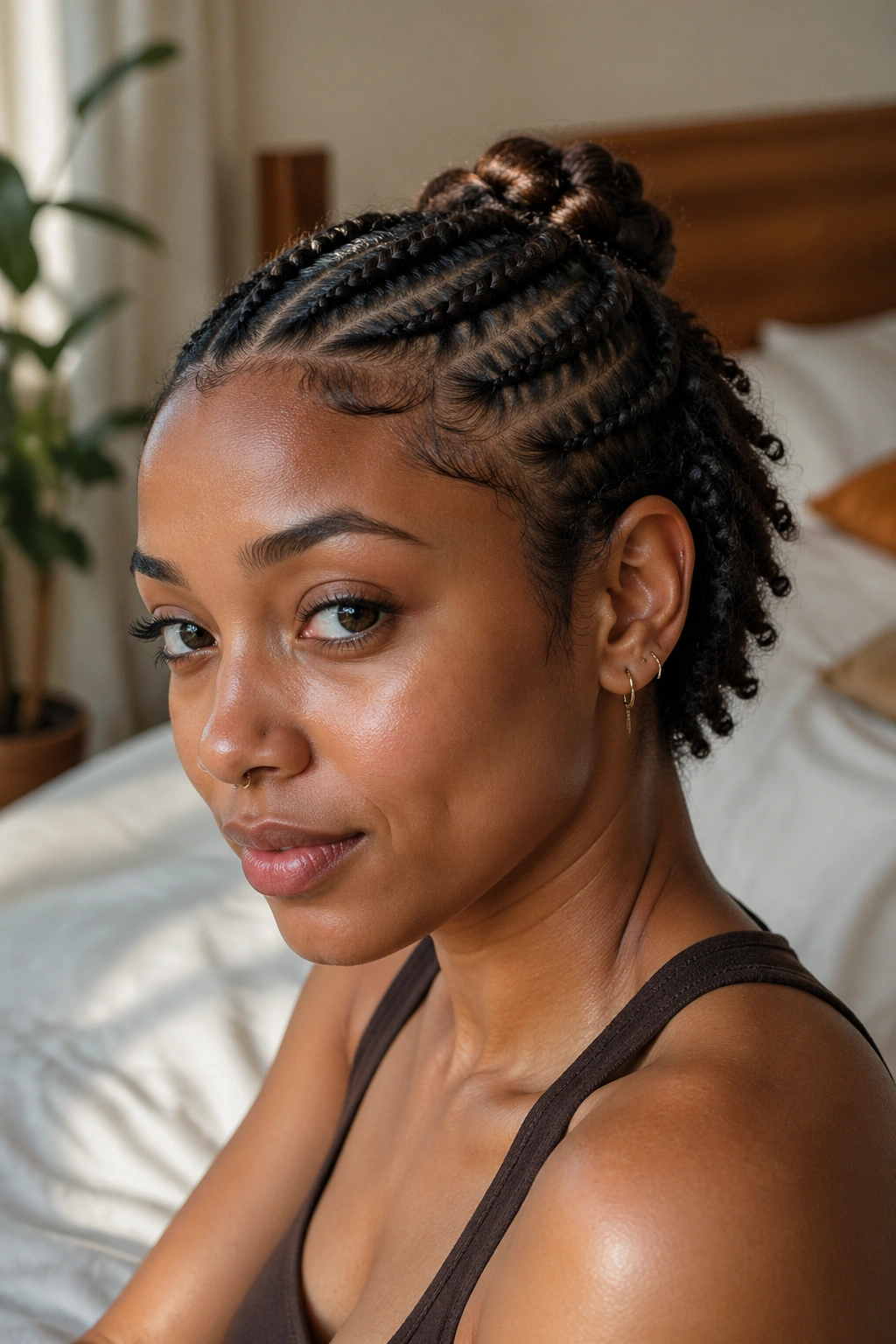 Close-up portrait of a real woman with a half-up cornrow crown and loose crop hair