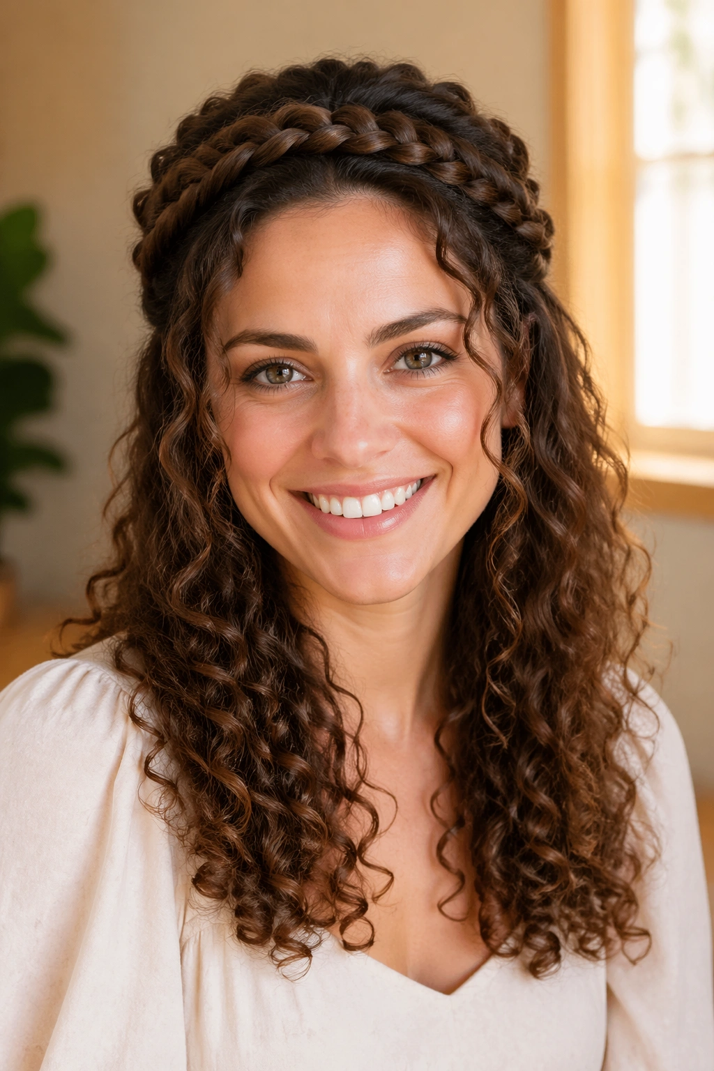 Close-up of half-up crown braid with free curls on a real woman