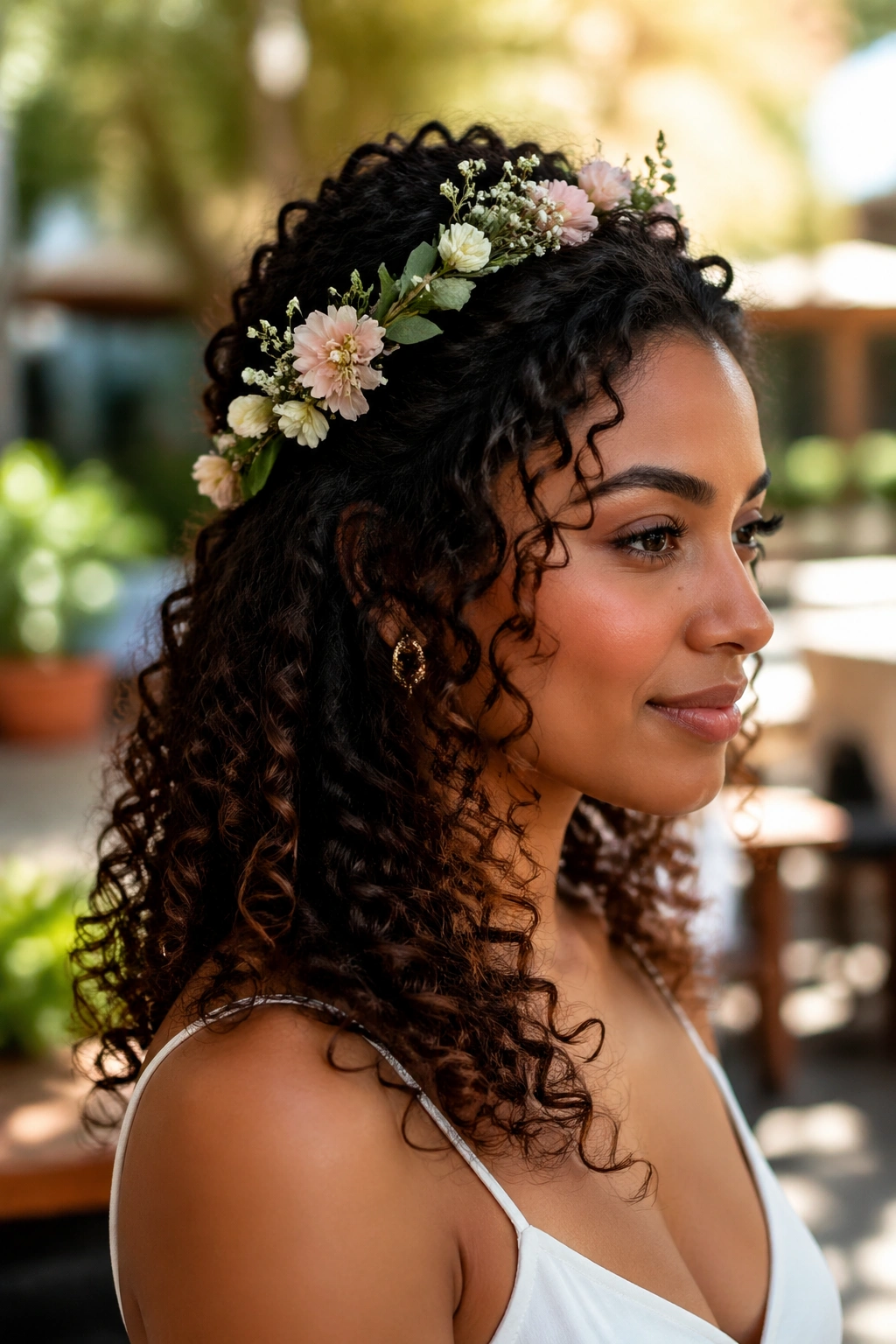 Close-up of a woman with a half-up crown showcasing curls in a sunlit park.