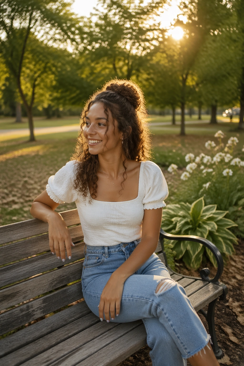 Half-up curly crown with loose tendrils in a sunlit park.