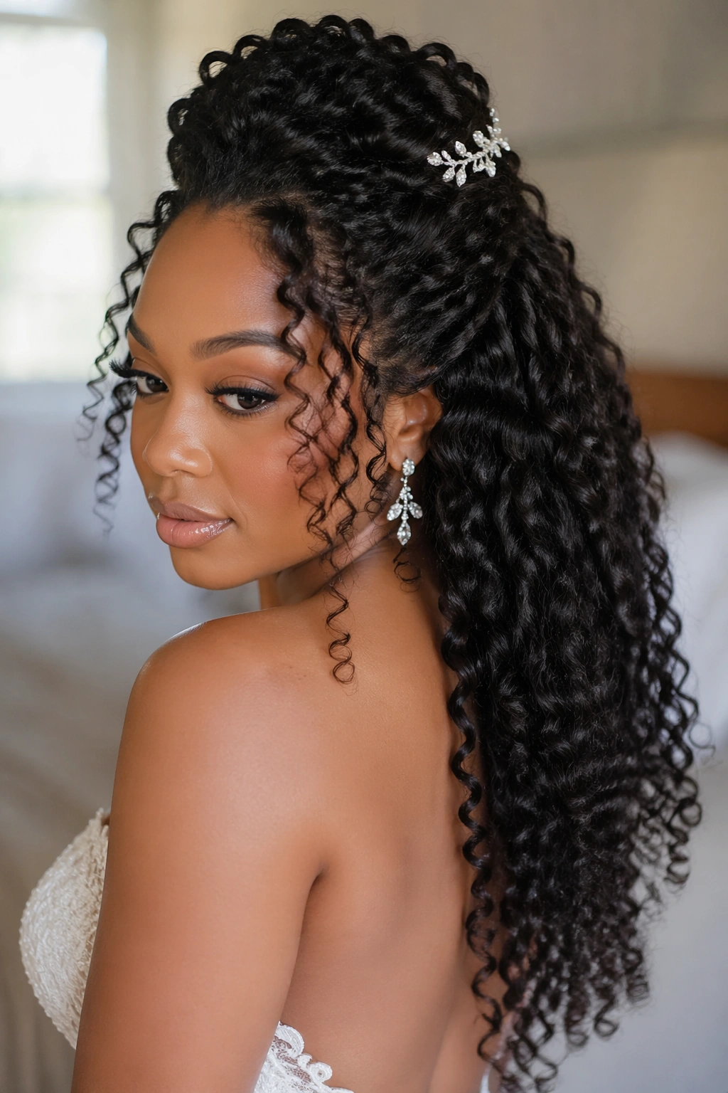 Close-up of a bride wearing a half-up crown with cascading curls.