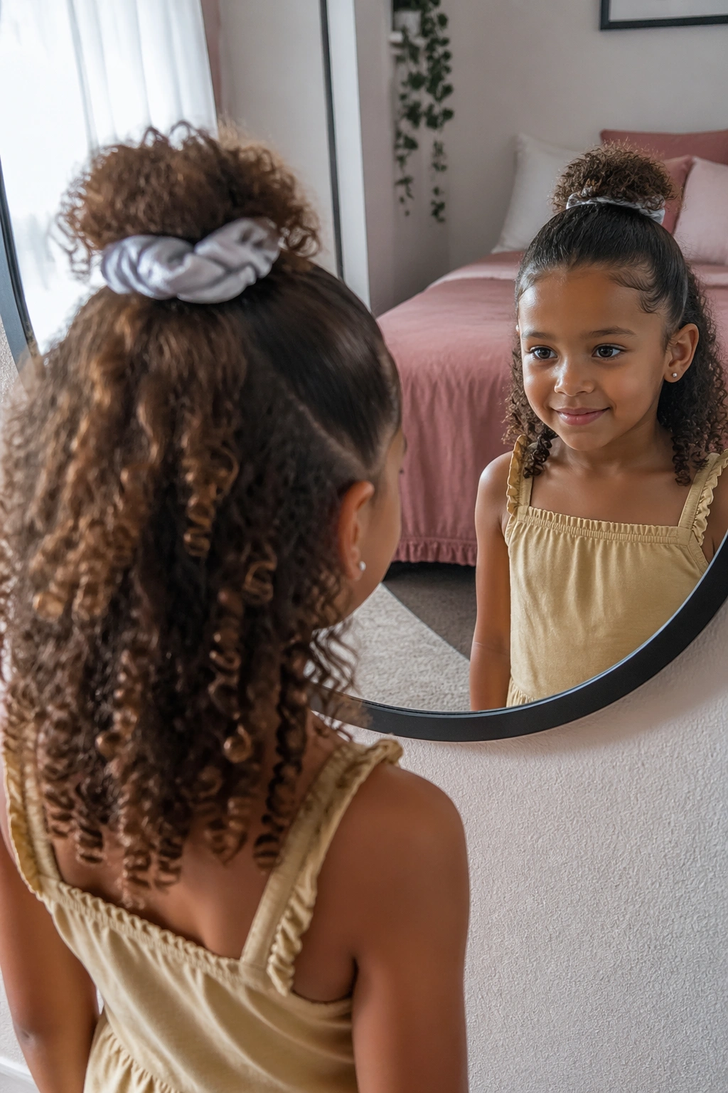 Girl with half-up mini puff crown in bedroom mirror.