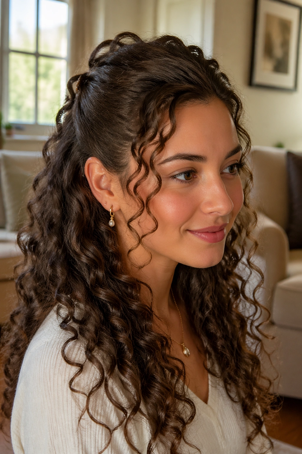 Woman with half-up crown lift hairstyle in a living room
