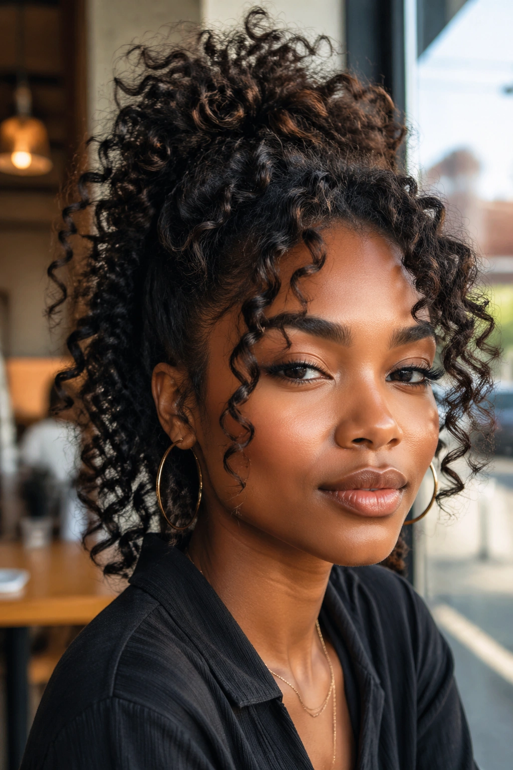 Close-up of half up crown hairstyle on a real woman in a cafe setting