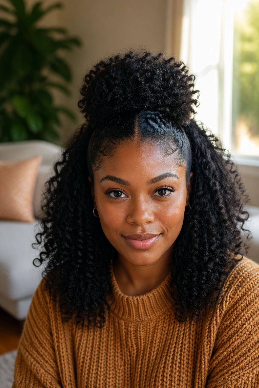 Front portrait of a Black woman with a half-up crown puff