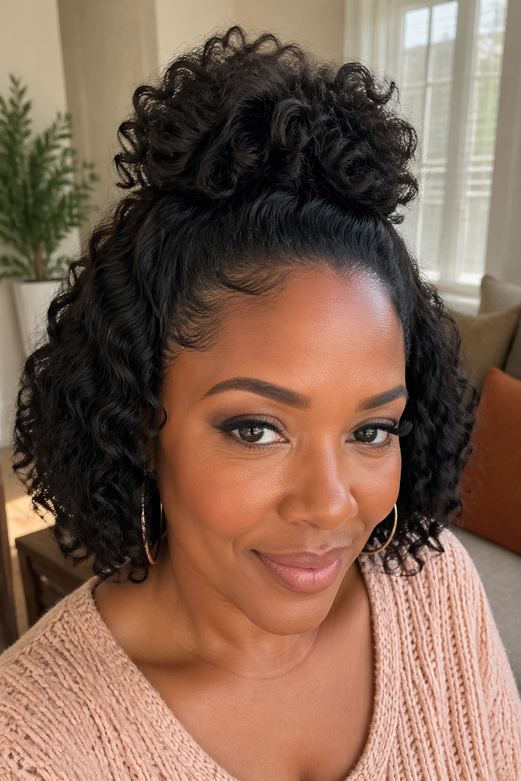 Close-up of real person with half-up crown puff wig