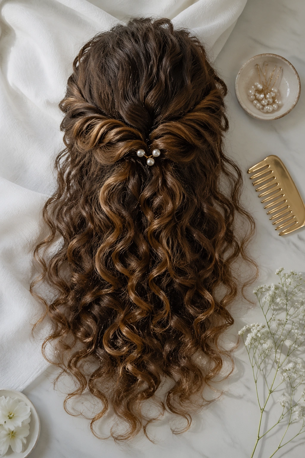 Overhead flat-lay of half-up crown twist with loose curls