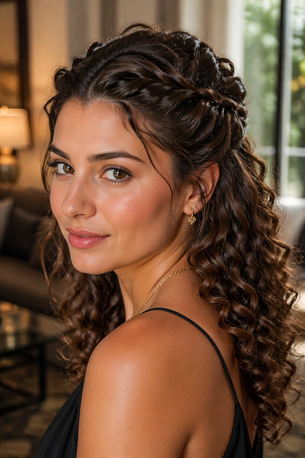 Close-up of a real woman wearing a half-up crown twist