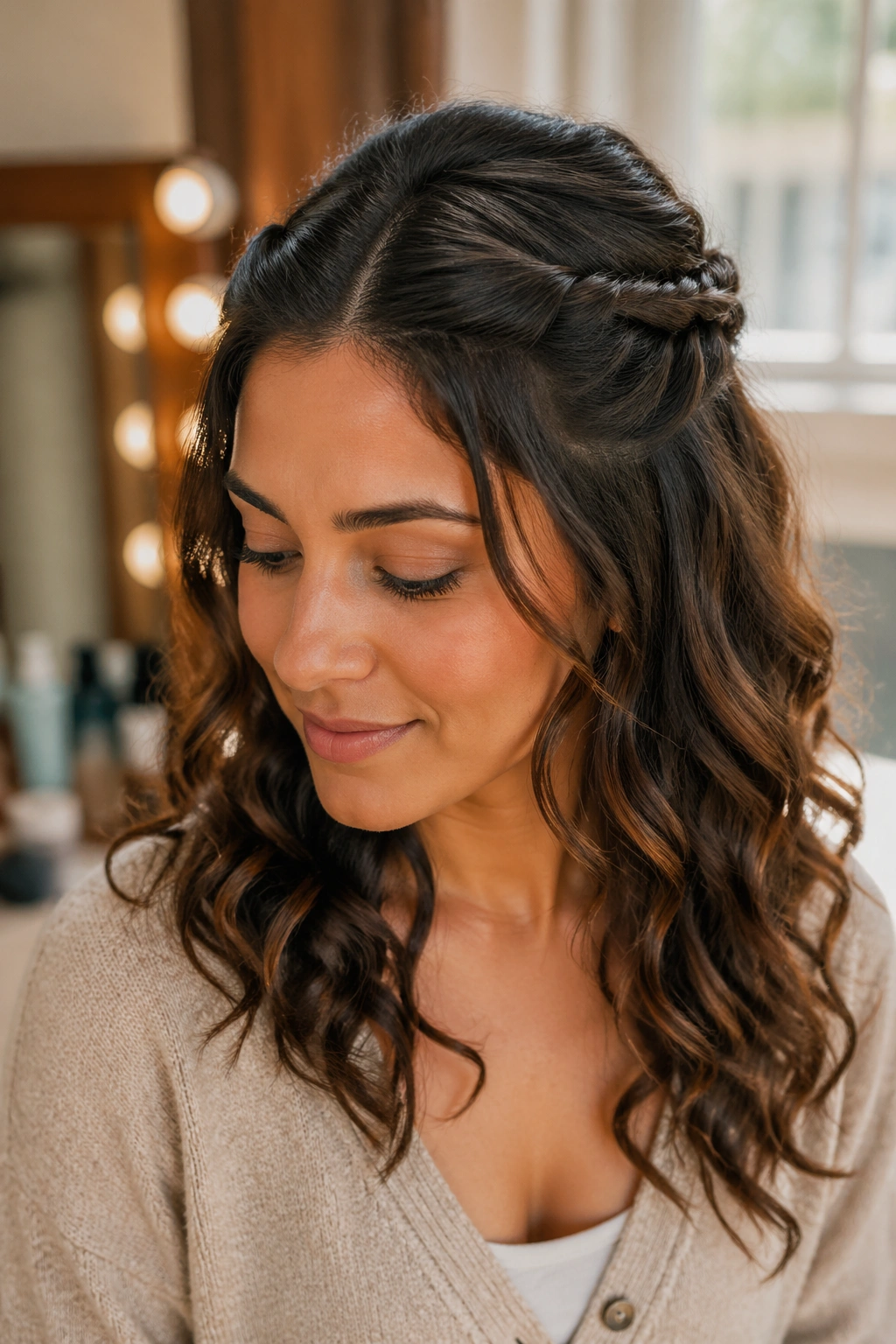 Close-up of a real person with a half-up crown twist and loose curls in warm dressing-room lighting