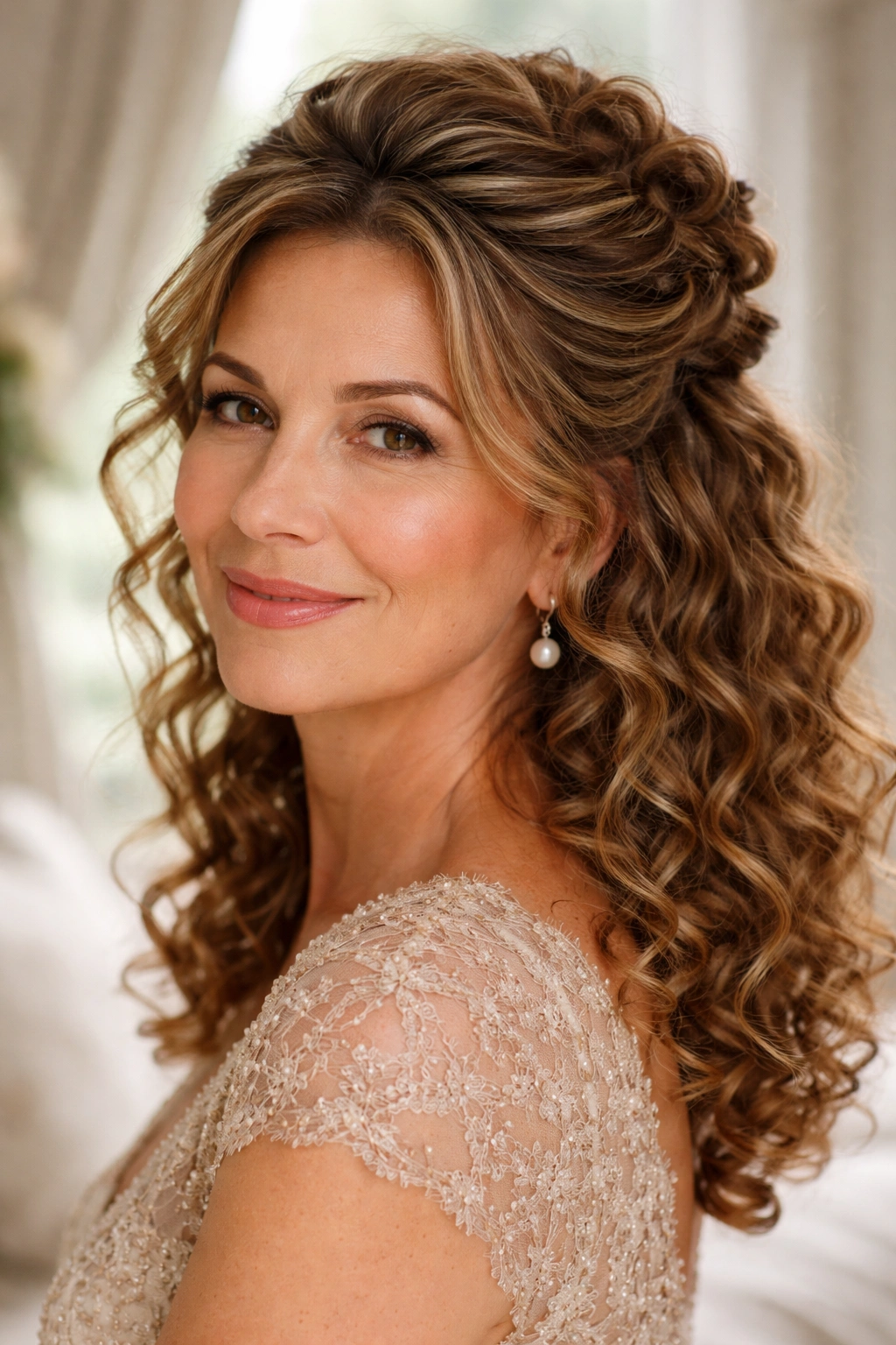 Close-up of a real woman with crown twist and loose curls