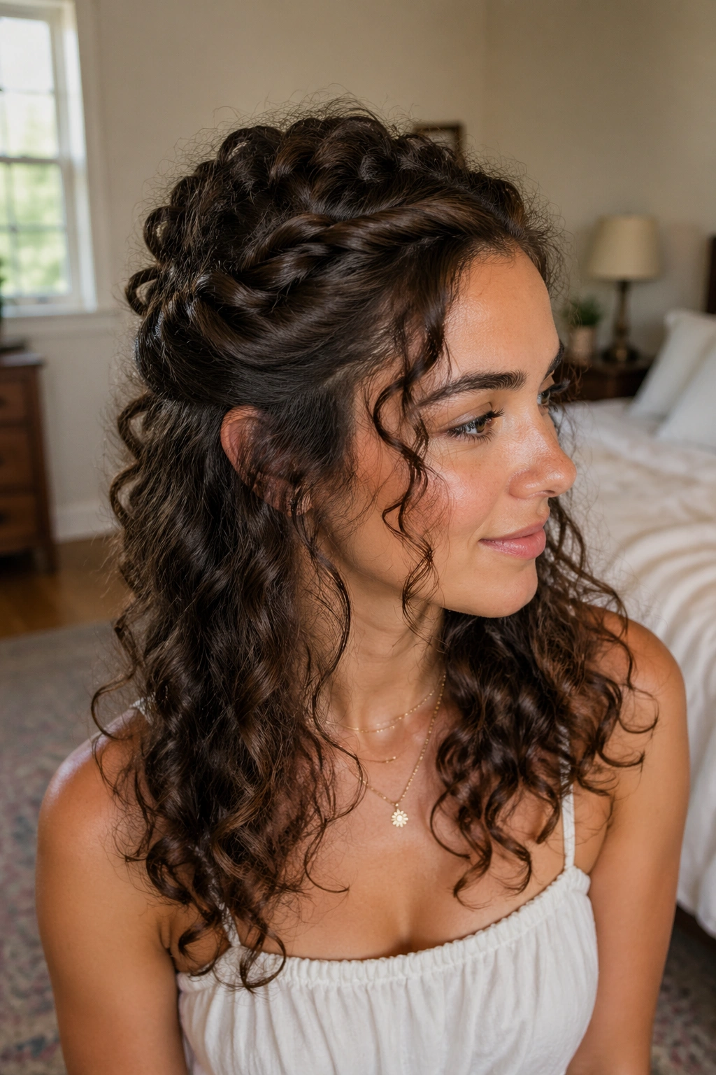 Real woman with half-up crown twist, loose curls near temples, soft natural window light
