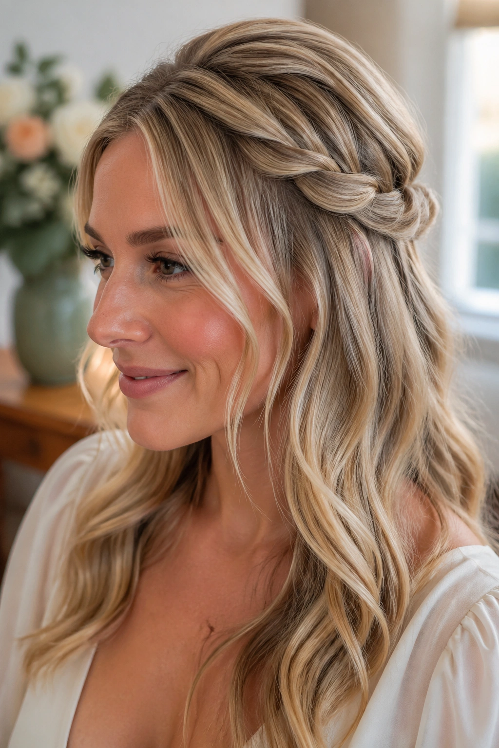 Close-up of a real woman with half-up crown twist and loose waves framing her cheeks