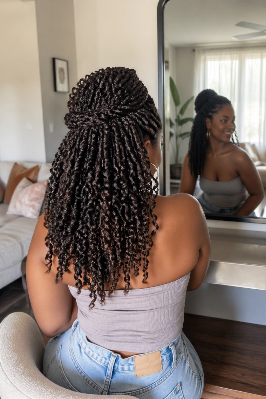 Half-up crown twists seen over the shoulder