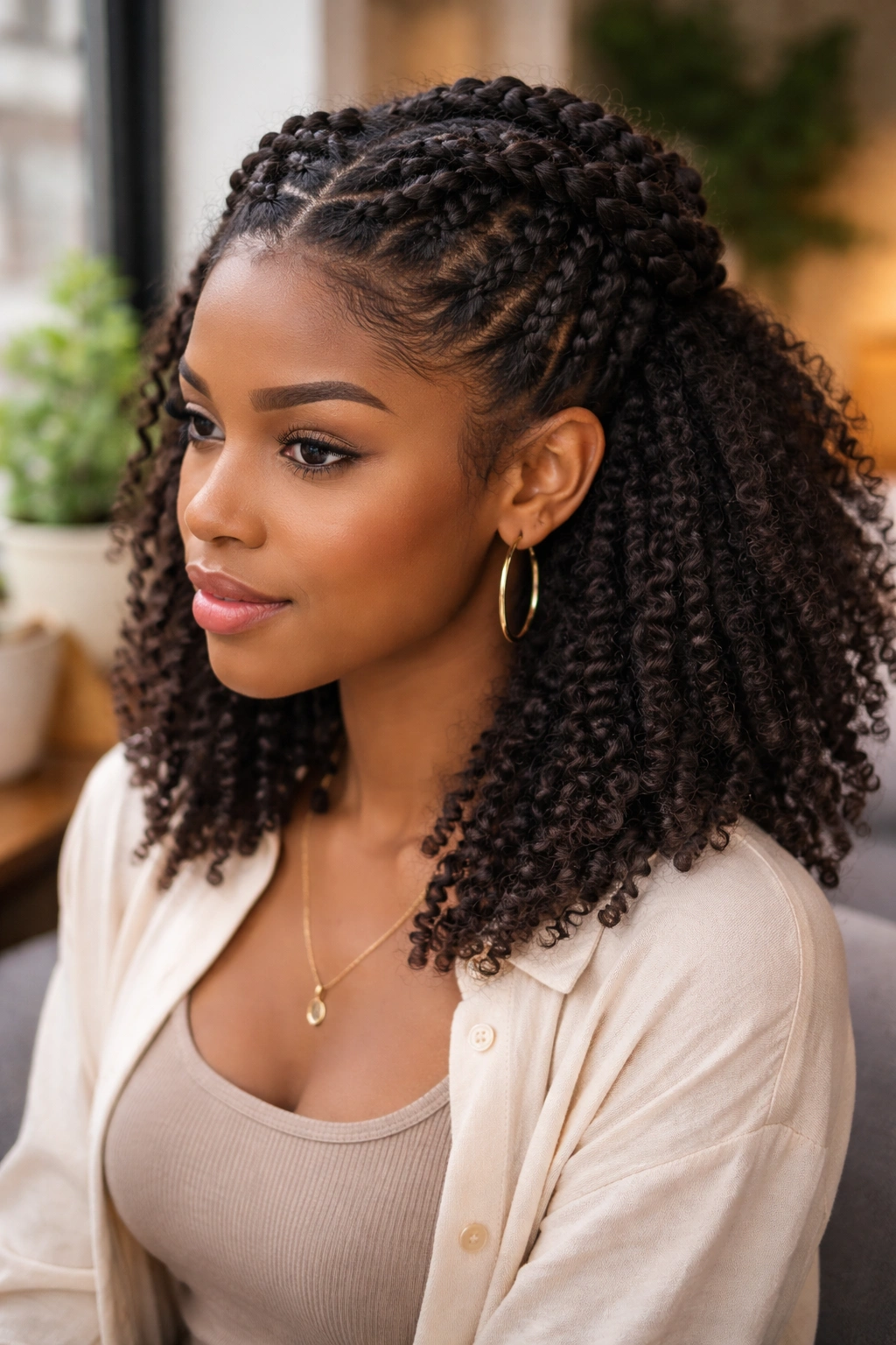 Portrait of a real woman with half-up twist crown hairstyle